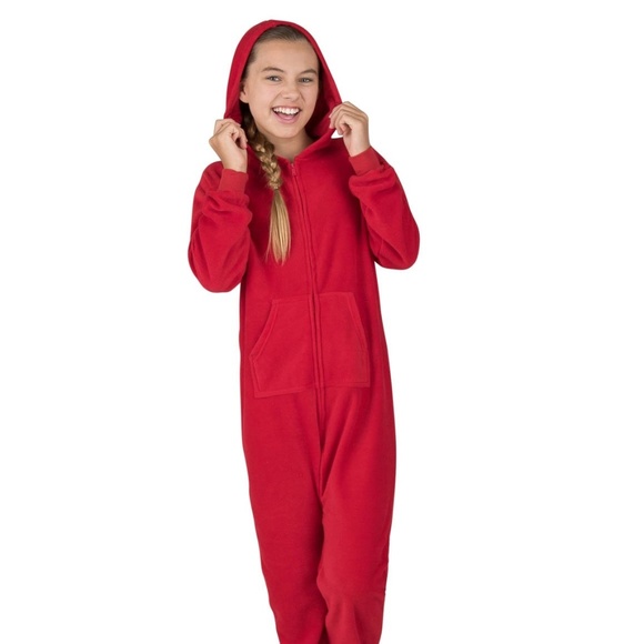 Footed Pajamas With Hood Red Size Kids Medium New - Picture 4 of 8